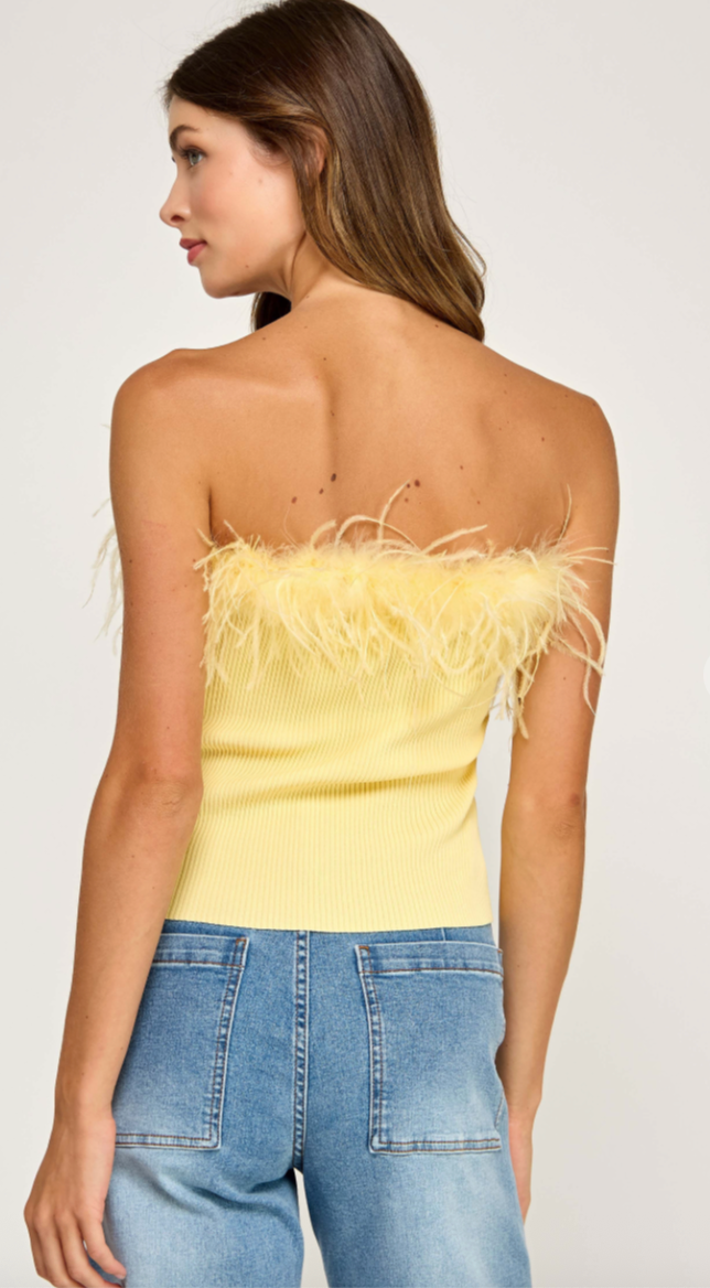 Feather Trim Ribbed Knit Bandeau Top