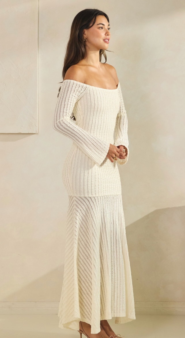 Off Shoulder Crinkled Maxi Dress – Long Sleeve Textured Evening Gown