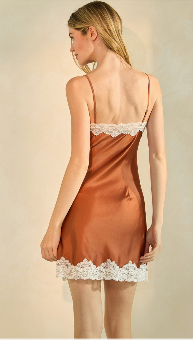 Lace Trim Satin Slip Dress – Silky Mini Dress with Adjustable Straps