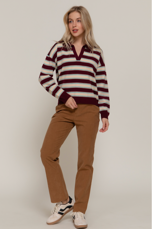 Long Sleeve Multi-Stripe Polo Sweater – Knit Collared Top