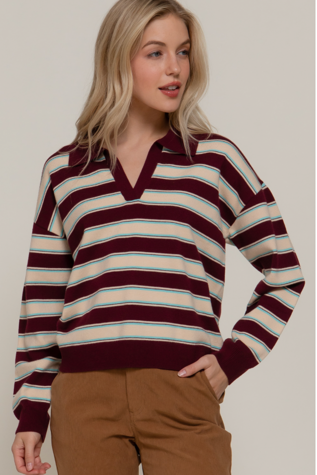 Long Sleeve Multi-Stripe Polo Sweater – Knit Collared Top