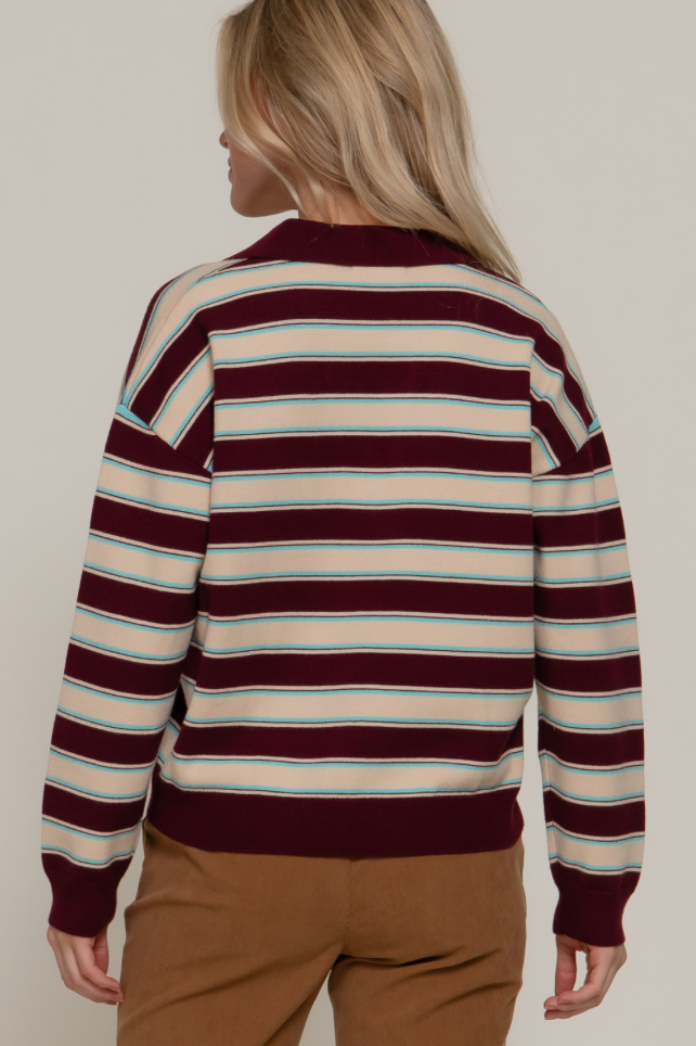 Long Sleeve Multi-Stripe Polo Sweater – Knit Collared Top
