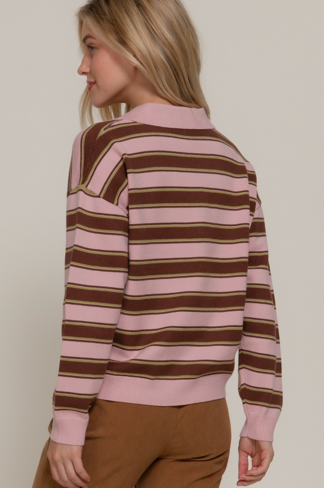 Long Sleeve Multi-Stripe Polo Sweater – Knit Collared Top