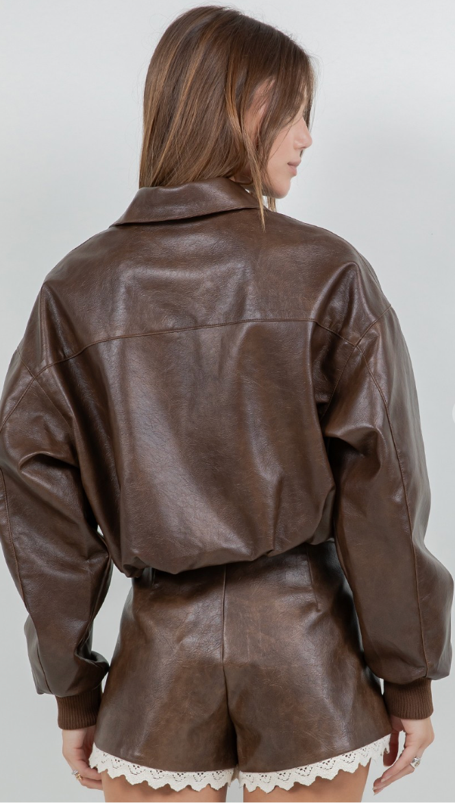 Vintage Brown Faux Leather Moto Jacket