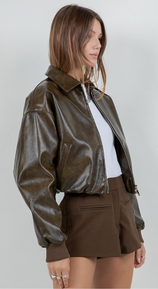 Vintage Brown Faux Leather Moto Jacket