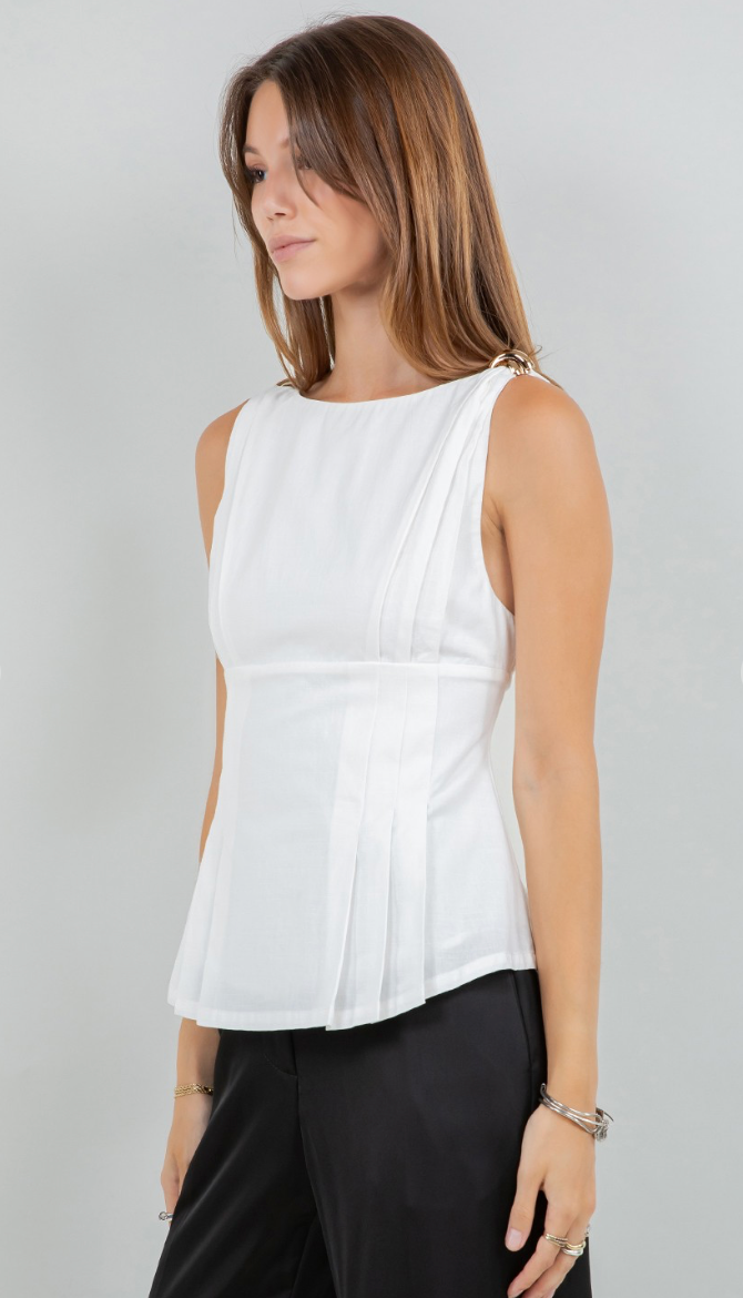 Sleeveless Woven Blouse with Metallic Shoulder Accents