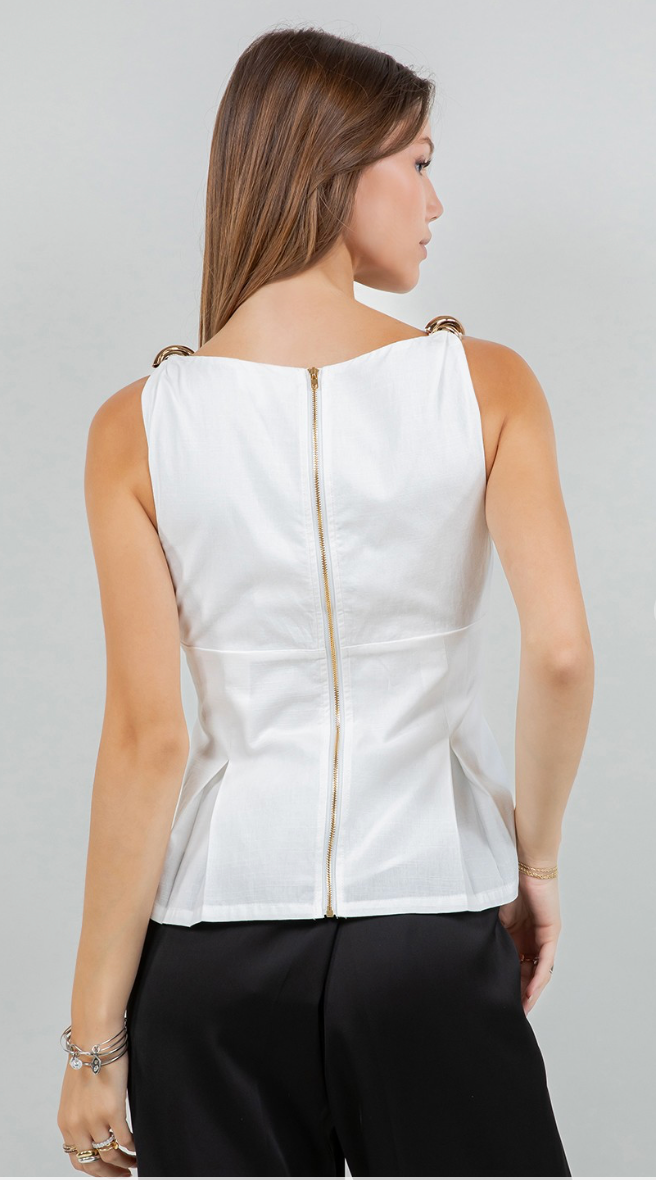 Sleeveless Woven Blouse with Metallic Shoulder Accents