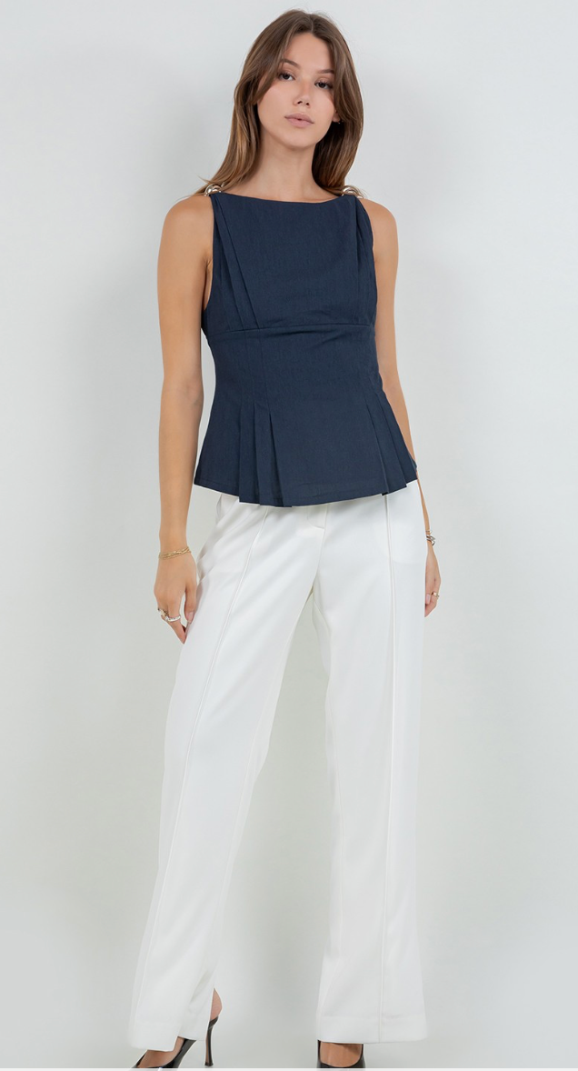Sleeveless Woven Blouse with Metallic Shoulder Accents