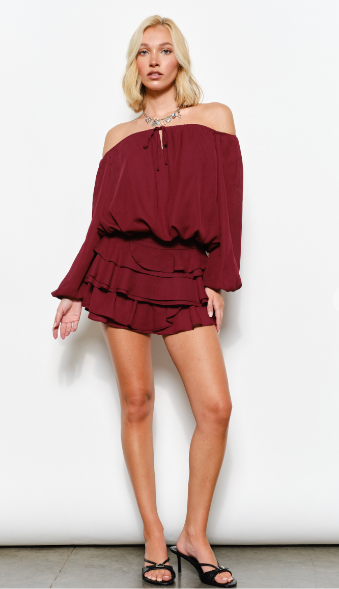 Off-Shoulder Bubble Hem Top & Skirt Set – Flirty Co-Ord