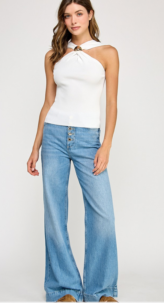 Halter Neck Sleeveless Top with Contrast Trim