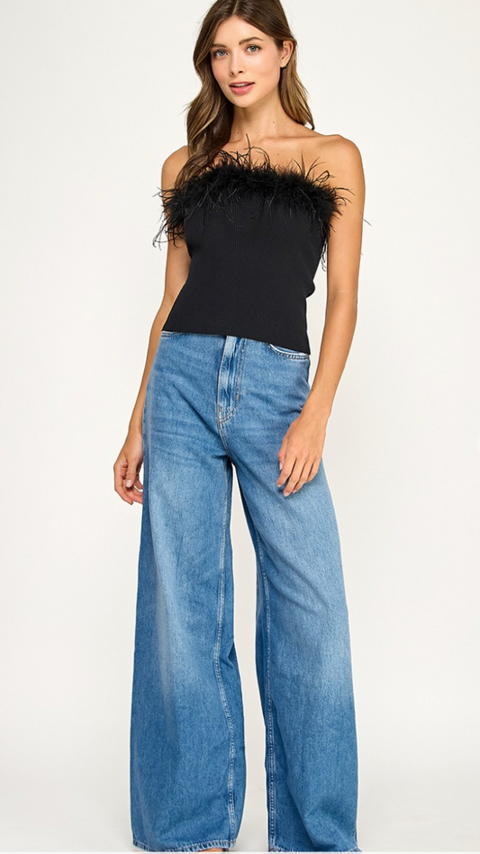 Feather Trim Ribbed Knit Bandeau Top