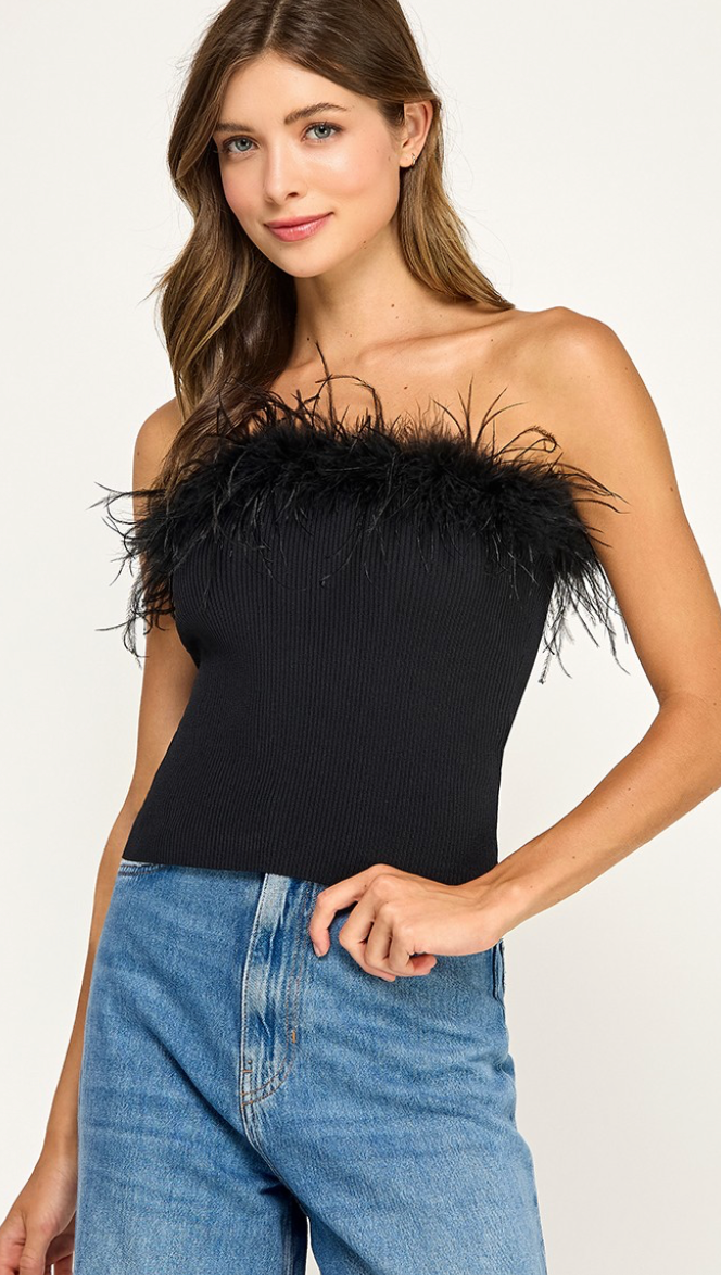 Feather Trim Ribbed Knit Bandeau Top