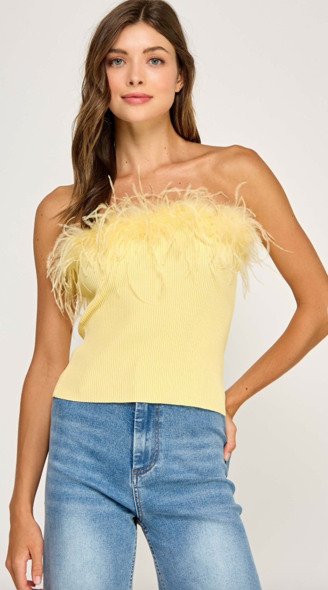 Feather Trim Ribbed Knit Bandeau Top