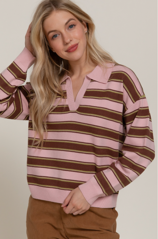 Long Sleeve Multi-Stripe Polo Sweater – Knit Collared Top