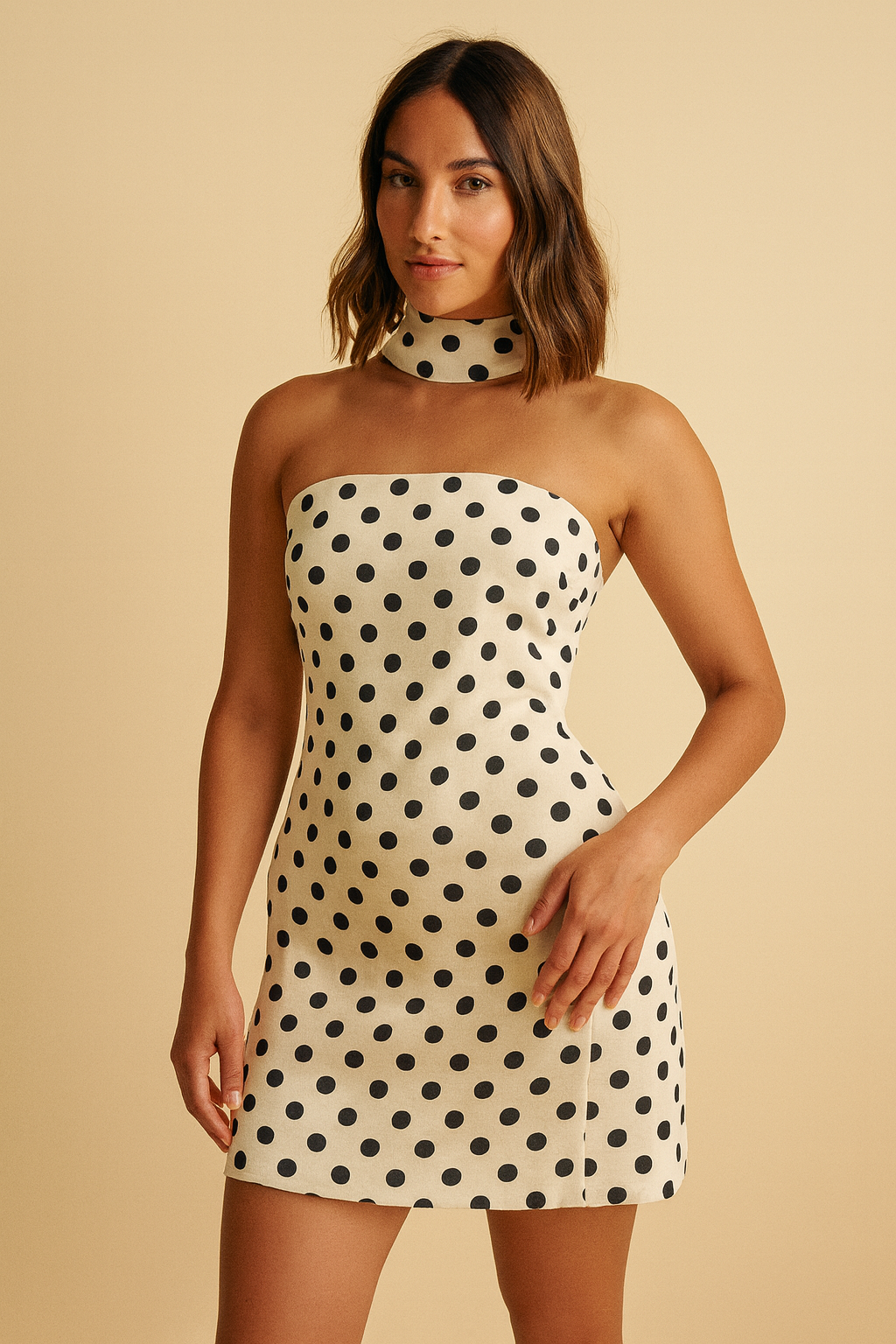 Polka Dot Strapless Mini Dress with Matching Scarf